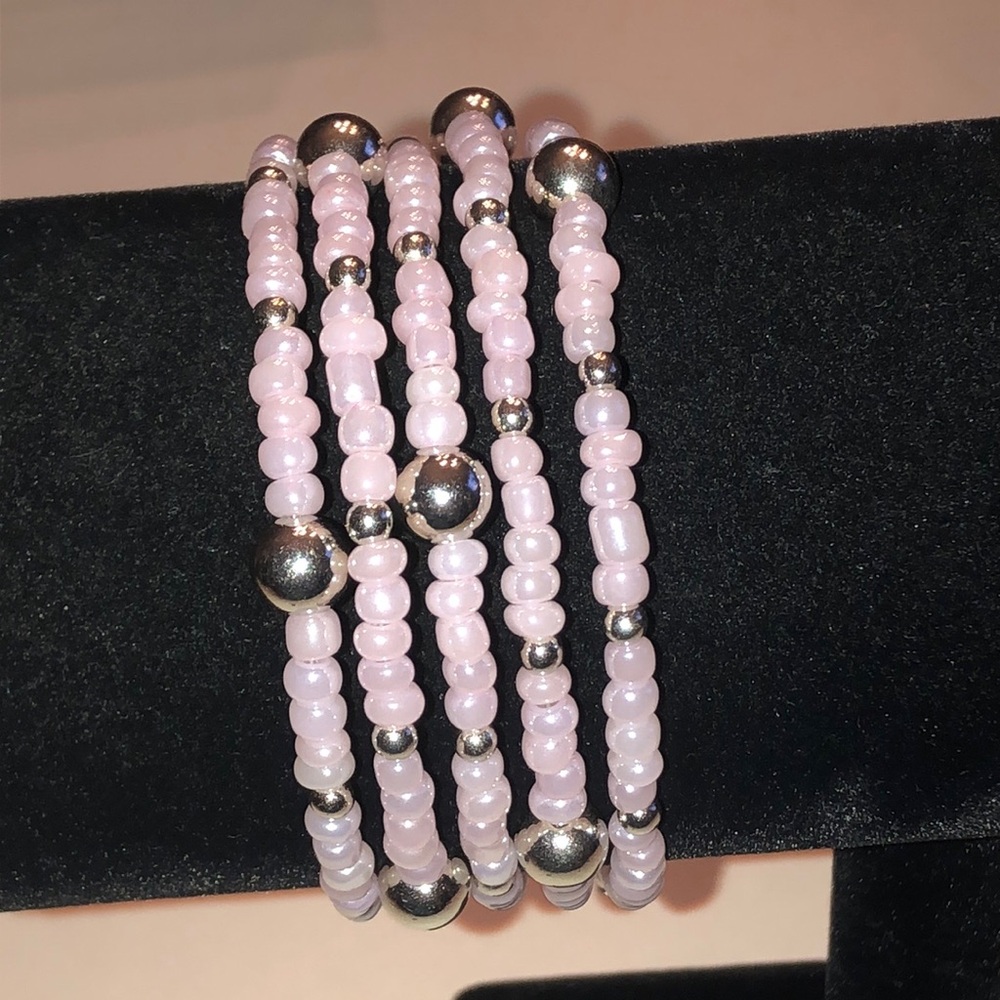 Delicate Pink Beaded Silver Tone Boho Wrap Bracelet